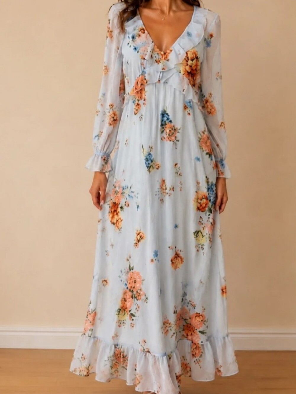 Patrons of Peace Light Blue Floral Ruffle Maxi Dress romantic cottage Size SM